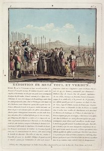 II. Henrik (1519-59) átveszi Metz, Toul és Verdun kulcsait (1552), metszet: Jean Baptiste Morret (1790-1820), 1790 (színes litográfia).