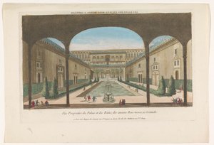 Kilátás a granadai Alhambra szökőkútjaival rendelkező udvarra Les bains des enciens rois Mores, egy gránát (cím a tárgyon)