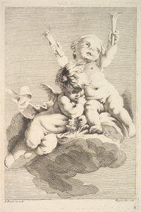 Két Ámor, egy fáklyát tart, a 18. század közepe és vége. alkotó: Jacques Gabriel Huquier