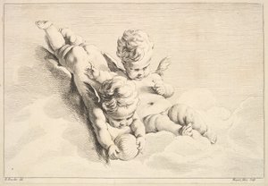 Két Ámor, egy labdát tart, a 18. század közepe és vége. alkotó: Jacques Gabriel Huquier