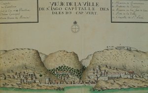 Saint Jago (Santiago) városa a Zöld-foki-szigeteken, akvarell a hajónaplóból, amelyet Jacques Gouin de Beauchesne, 1698 és 1701 között a déli tengerek hajóskapitánya vezetett.