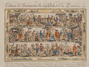 James Cook és Jean Francois de Galaup Comte de Laperuse felfedezései a 18. században, Jacques Grasset de Saint Sauveur, színes metszet alkotó: Jacques Grasset de Saint Sauveur
