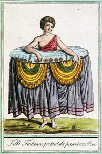 Fiatal nő ajándékokat ajánl a királynak, Tahiti, Society Islands, metszet az Encyclopedia of Voyagesből, Jacques Grasset de Saint-Sauveur (1757-1810) alkotó: Jacques Grasset de Saint Sauveur