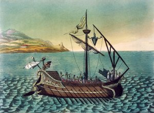 Duilius Corvus (beszállóeszköz) római gályaravas hadihajón, Jacques Grasset de Saint-Sauveur (1757-1810), metszet az ókori Rómából