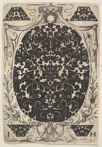 Ovális medál Schweifwerkkel díszítve, kisebb motívumokkal és koronás b..., kb. 1614-19.