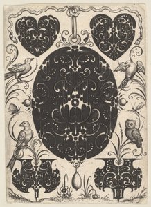 Ovális medál Schweifwerkkel díszítve, kisebb motívumokkal és négy madárral körülvéve, kb. 1614-19.