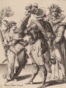 Egy bekötött szemű Ámor, aki fáklyát tart egy pár előtt, Zacharias Dolendo nevéhez fűződik, 1595-6 (metszet fektetett papírra)