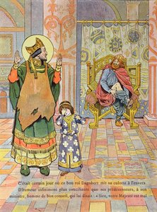 I. Dagobert király (603-39 körül) rossz irányba húzza fel nadrágját, illusztráció G. Montorgueil „Franciaország, fia története” című könyvéből, 1910 körül