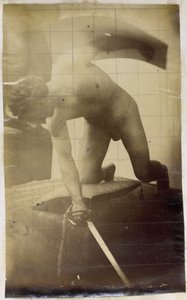Tanulmányozás egy férfi aktmodellről, térden, karddal és pajzzsal a kezében, Jacques de Lalaing műhelyében alkotó: Jacques Lalaing (attributed to)