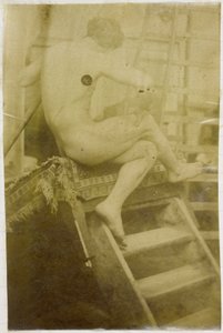 Tanulmány egy férfi meztelen modellről, hátulról nézve, és egy lépcsőn ül Jacques de Lalaing stúdiójában alkotó: Jacques Lalaing (attributed to)