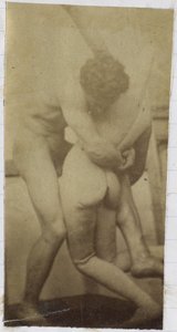 Egy álló és egy próbababával birkózó férfi aktmodell tanulmányozása Jacques de Lalaing műtermében, esetleg előtanulmány a Birkózók című festményhez alkotó: Jacques Lalaing (attributed to)