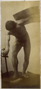 Tanulmány egy férfi meztelen modellről, aki hajlítva áll karddal és pajzzsal a kezében, Jacques de Lalaing stúdiójában alkotó: Jacques Lalaing (attributed to)