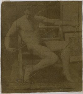 Tanulmány egy lépcsőn ülő férfi meztelen modellről, elölről nézve, kötéllel és masnival az ölében, Jacques de Lalaing stúdiójában alkotó: Jacques Lalaing (attributed to)
