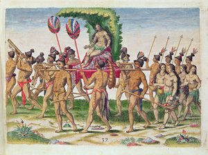 Egy menyasszonyt visznek a főnöknek, a „Brevis Narratio...”-ból, Theodore de Bry (1528-98) metszetében, Frankfurtban, 1591-ben (színes metszet) alkotó: Jacques Le Moyne