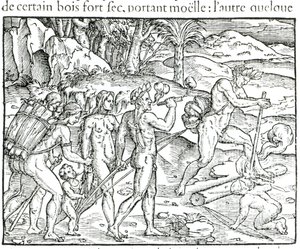 Indiai bennszülöttek tüzet raknak vadászat után, metszett Theodor de Bry (1525-75) alkotó: Jacques Le Moyne