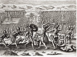 Outina legyőzi Patanou-t a franciák segítségével, Floridában, 1564, Theodore de Bry (1528-98) 1591-ben metszett „Brevis Narratio”-ból (lásd még: 223425 és 173458) alkotó: Jacques Le Moyne