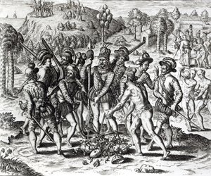 A spanyolok, akik ajándékot kapnak az indiánoktól, a "History"-ból, 1598, metszett Theodor de Bry (1528-98) alkotó: Jacques Le Moyne