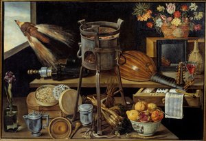 Az öt érzékszerv és a négy elem egyes tárgyak a Richelieu család fegyvereit hordozzák. Csendélet bor, gyümölcs, virágok, hangszerek. Jacques Linard (1600-1645) festménye 1627 V. 1,05x1,53 m