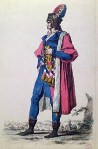 A francia nép egyik képviselőjének jelmeze 1793-ban, „A francia és más országok katonai viseleteinek új gyűjteménye, régi és modern”, Párizs alkotó: Jacques Louis (after) David