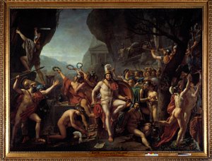 Leonidas a termopilokhoz A termopilok csatájának epizódja Kr.e. 480-ban, a görögök és I. Xerxész perzsák ellentéte, I. Leonidász spártai király karját fogva, egy sziklán ül, Herkules oltára közelében, hátul egy csapat a spártaiak előrenyomulnak a t alkotó: Jacques Louis David