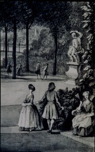Részlet a „The Poplar Grove, Lord Burlington Chiswick Villájában” (toll és tinta akvarellel papíron) alkotó: Jacques Rigaud