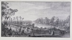 A mesterséges folyó, Lord Burlington Chiswick Villa (toll és tinta mosással papíron) alkotó: Jacques Rigaud
