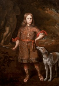 Egy fiú portréja vadászként vadkan lándzsát tartva agárral, 1670-es évek közepe
