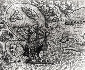 Johannes Staden egy ismeretlen szigetre érkezik, és megállapítja, hogy a portugálok már ott vannak, Amerikából, 1593-ból, írta és metszett Theodor de Bry (1528-98) alkotó: Jacques d.158788 after Le Moyne