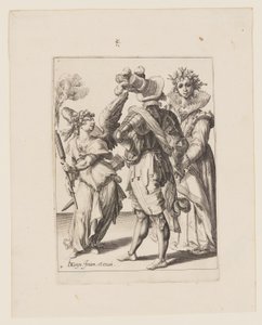 Egy bekötött szemű Ámor, aki fáklyát tart egy pár előtt, a The Masquerades című filmből. alkotó: Jacques de Gheyn II
