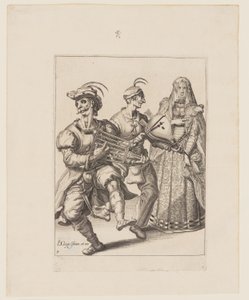 Egy fátyolos nő két zenésszel, akik rácson és fúvószéken játszanak, az Álarcosok című filmből. alkotó: Jacques de Gheyn II