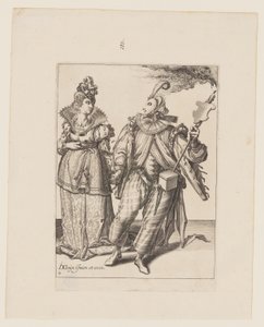 Egy nő, akit egy fáklyát tartó játékos vezet, az Álarcosbálból alkotó: Jacques de Gheyn II