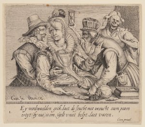Egy fiatal nő egy fiatal férfi és egy öreg férfi között, az Egyenlőtlen szeretőkből alkotó: Jacques de Gheyn II