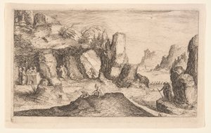 Tájkép barlanggal és remetékkel, a Tájképekből alkotó: Jacques de Gheyn II