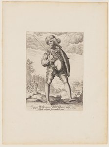Katona, karddal és pajzzsal felfegyverkezve, II. Rudolf császár testőrségének tisztjei és katonái közül alkotó: Jacques de Gheyn II