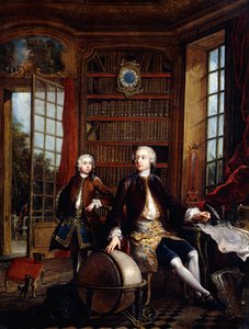 A művész fiának portréja tanárával, akiről azt mondják, hogy fiatalabb Jean Baptiste de Courtonne művész, egy könyvtárban,