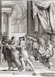 Jehoiada, Jeruzsálem főpapja, aki Joás herceget kikiáltja Júda királyává, jelenet Jean Racine (1639-99) Athalie című művéből, Jean-Jacques Flipart (1719-82) metszetében