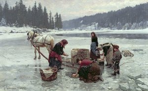 Mosakodó nők a jégen lévő lyukon keresztül