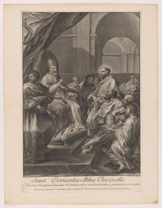 Heilige Bernardus van Clairvaux voor paus Innocent II Sanctus Bernardus Clareualis apátja (cím a tárgyon) alkotó: Jakob Frey (I)