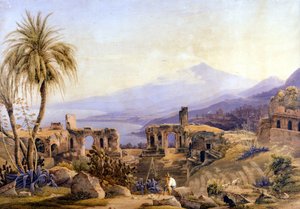 Taormina Szicíliában: a romok és az Etna. Jacob Suter festménye, 1850 körül. alkotó: Jakob Suter