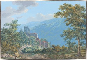 Erőd hegyi tájon napkeltekor alkotó: Jakob Wilhelm Huber