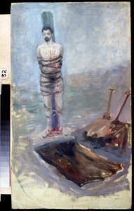 1905-ös orosz forradalom: ""A kivégzés"" Egy elítélt egy oszlophoz kötözve ásott sírja közelében. Jakov Kalinichenko (1869-1938) festménye 1905 Állami Regionális I. Pozhalostin Művészeti Múzeum, Ryasan