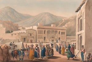 „The Durbar-Khaneh of Shah Shoojah-ool-Moolk, at Cabaul [sic]”, 1840 körül (litográfia, színezett) alkotó: James (after) Atkinson