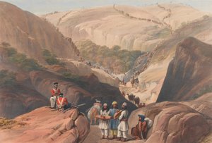 „The First Descent through the Koojah [sic] Pass”, 1839 körül (kőnyomat, színezett)