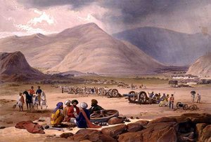 Urghundee faluja a "Vázlatok Afganisztánban" című művéből, Charles Haghe (1810-88) és Louis Haghe (1806-85) metszete Henry Graves kiadásában alkotó: James (after) Atkinson