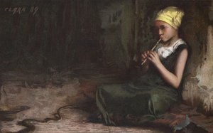 Lány elbűvölő egy kígyót (chromolitho)