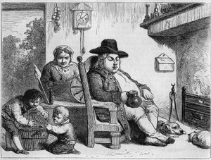 John Bull boldog: John Bull (tipikus angol karakter, Anglia jelképe) otthon a feleségével és gyermekeivel. Gilbert-metszet Gillray nyomán. A „Le Magasin festői”-ben