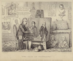 Két pár portré: Whig-ellenes rajzfilm, amely John Henry Tooke-ot ábrázolja Charles James Fox portréjával, aki a bűnt megtestesíti, és William Pitt, az ifjabb az erényt.