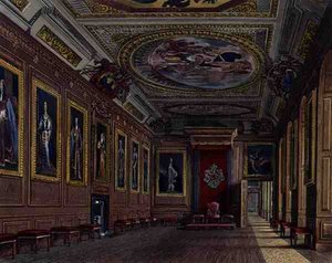 A király jelenléti terme, Windsor kastély, a "Királyi rezidenciák"-ból, W. J. Bennett metszete, William Henry Pyne (1769-1843) kiadása.