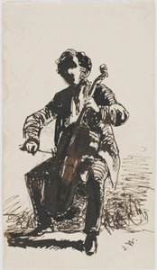 Sir Seymour Haden csellón játszik, 1855 körül (ceruza, toll és tinta bézs színű papíron) alkotó: James Abbott McNeill Whistler