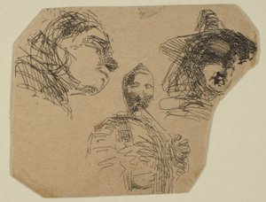 Két női fej és álló alak vázlatokból a partfelmérő táblán, 1854-55. alkotó: James Abbott McNeill Whistler